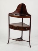 GEORGIAN FIGURED MAHOGANY AND LINE INLAID CORNER WASHSTAND, of typical form with shaped, high back