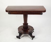 NINETEENTH CENTURY ROSEWOOD PEDESTAL TEA TABLE, the rounded oblong swivel top with polished
