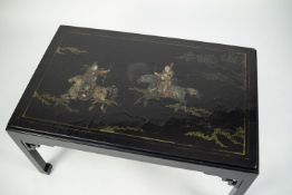 MODERN ORIENTAL BLACK LACQUERED COFFEE TABLE WITH REVERSIBLE TOP, the inset top decorated with a