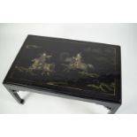 MODERN ORIENTAL BLACK LACQUERED COFFEE TABLE WITH REVERSIBLE TOP, the inset top decorated with a