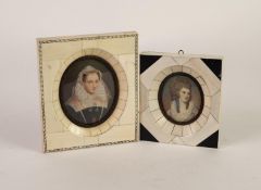 EARLY 20th CENTURY OVAL MINIATURE OF MARY STUART, in piano key ivory frame, 3 1/2in (14cm) x 4 5/8in