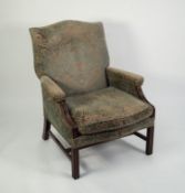 20th CENTURY GEORGE III STYLE ARMCHAIR, covered in matching fabric with loose cushion seat, the arms