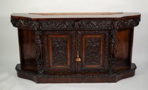 LATE NINETEENTH CENTURY BELGIAN HEAVY CARVED WALNUT SIDE CABINET, grained painted as rosewood, the