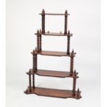 VICTORIAN WALNUT FIVE TIER MURAL WHAT-NOT, with shaped, graduated shelves and bobbin turned