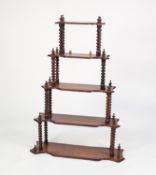 VICTORIAN WALNUT FIVE TIER MURAL WHAT-NOT, with shaped, graduated shelves and bobbin turned