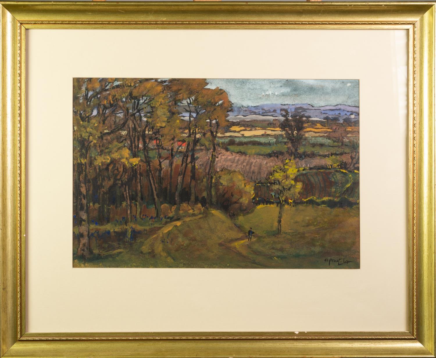 A. PROST GOUACHE DRAWING Extensive rural landscape with small figure and trees in foreground - Bild 2 aus 2