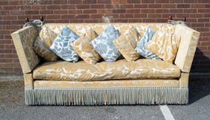 PAIR OF KNOLL THREE SEATER SETTEES, upholstered and covered in costly old gold embossed fabric, with