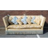 PAIR OF KNOLL THREE SEATER SETTEES, upholstered and covered in costly old gold embossed fabric, with