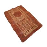 ANTIQUE KOUDANI BELUCH PRAYER RUG, with unusual pictorial many towered mosque design, in brown and