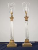 LARGE PAIR OF BRASS AND SPIRAL MOULDED CLEAR GLASS TABLE LAMPS, each of Corinthian column form