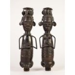 PAIR BENIN, PROBABLY PRE-WAR, HOLLOW CAST BRONZE MALE AND FEMALE FIGURES, each depicted kneeling, in
