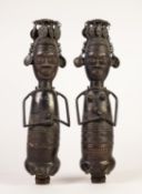 PAIR BENIN, PROBABLY PRE-WAR, HOLLOW CAST BRONZE MALE AND FEMALE FIGURES, each depicted kneeling, in