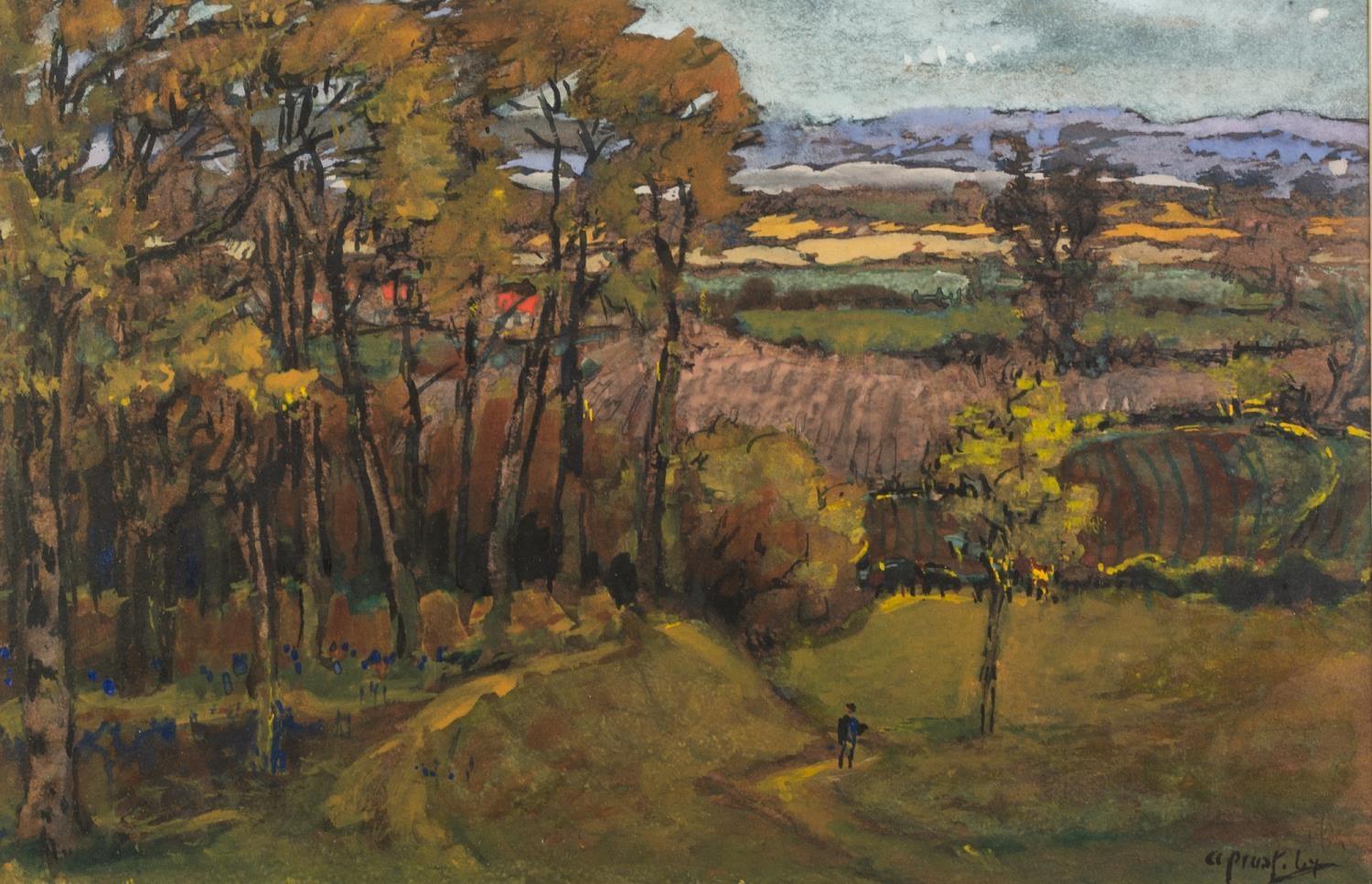 A. PROST GOUACHE DRAWING Extensive rural landscape with small figure and trees in foreground