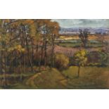 A. PROST GOUACHE DRAWING Extensive rural landscape with small figure and trees in foreground