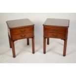 PAIR OF GEORGIAN STYLE TWO DRAWER BEDSIDE TABLES, each with flame cut and crossbanded canted