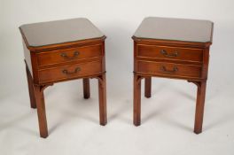 PAIR OF GEORGIAN STYLE TWO DRAWER BEDSIDE TABLES, each with flame cut and crossbanded canted