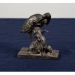 19th CENTURY RUSSIAN BRONZE FINISH CAST IRON GROUP of stork striking into a fox with its long