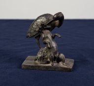19th CENTURY RUSSIAN BRONZE FINISH CAST IRON GROUP of stork striking into a fox with its long