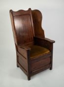 NINETEENTH CENTURY PINE AND PITCH PINE LAMBING CHAIR, of typical form with drop-on seat covered in