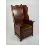 NINETEENTH CENTURY PINE AND PITCH PINE LAMBING CHAIR, of typical form with drop-on seat covered in