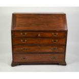 LATE GEORGIAN MAHOGANY BUREAU, the fall-flap enclosing eight small drawers, central cupboard flanked