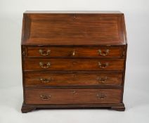 LATE GEORGIAN MAHOGANY BUREAU, the fall-flap enclosing eight small drawers, central cupboard flanked