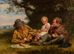 WILLIAM BROMLEY II (act. 1835-1888) OIL ON RE-LINED CANVAS Father and two children having a pic-