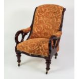 VICTORIAN CARVED MAHOGANY EASY OPEN ARMCHAIR, the moulded show wood frame with buttoned back and