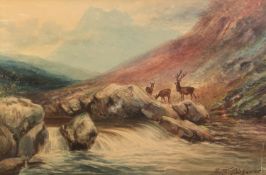 ALBERT MILTON DRINKWATER OIL PAINTING ON CARD?Glen Etive, Scotland?, stag and hind by a river with