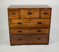 EARLY TWENTIETH CENTURY TWO PART MAHOGANY CAMPAIGN SECRETAIRE CHEST, the brass mounted oblong top