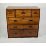 EARLY TWENTIETH CENTURY TWO PART MAHOGANY CAMPAIGN SECRETAIRE CHEST, the brass mounted oblong top