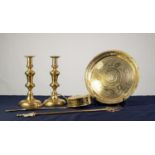 FIVE PIECES OF NINETEENTH CENTURY AND LATER BRASSWARE, comprising: PAIR OF EJECTOR CANDLESTICKS,