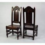PAIR OF SEVENTEENTH CENTURY HEAVY CARVED OAK HIGH BACK SIDE CHAIRS, each with foliate carved top