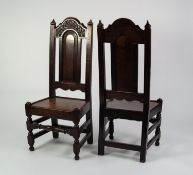 PAIR OF SEVENTEENTH CENTURY HEAVY CARVED OAK HIGH BACK SIDE CHAIRS, each with foliate carved top
