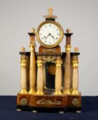 NINETEENTH CENTURY BEIDERMEIER ALABASTER AND GILT METAL MOUNTED BURR WOOD PORTICO TYPE MANTLE CLOCK,