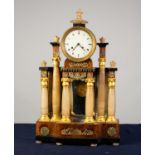 NINETEENTH CENTURY BEIDERMEIER ALABASTER AND GILT METAL MOUNTED BURR WOOD PORTICO TYPE MANTLE CLOCK,