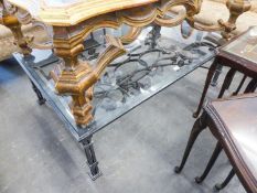 A LARGE AND HEAVY SCROLLED WROUGHT IRON OBLONG COFFEE TABLE WITH PLATE GLASS TOP, 4?3? X 2?8?