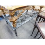 A LARGE AND HEAVY SCROLLED WROUGHT IRON OBLONG COFFEE TABLE WITH PLATE GLASS TOP, 4?3? X 2?8?