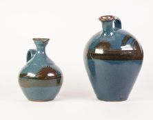 H.A.M.P. TWO BLUE GLAZED STUDIO POTTERY JUG PATTERN VASES, each decorated in lustre with a