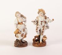 PAIR OF NINETEENTH CENTURY PRESS MOULDED PORCELAIN FIGURES OF A COURTIER AND HIS COMPANION,