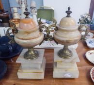 PAIR OF VICTORIAN MARBLE SIDE VASES OF LIDDED URN SHAPE, WITH GILT METAL FINIALS, FOLIATE SCROLL