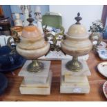 PAIR OF VICTORIAN MARBLE SIDE VASES OF LIDDED URN SHAPE, WITH GILT METAL FINIALS, FOLIATE SCROLL