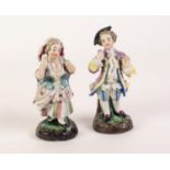 PAIR OF NINETEENTH CENTURY CONTINENTAL FIGURES OF A COURTIER AND HIS COMPANION, painted I colours