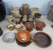 ABATY HAND THROWN STONEWARE, WALES, TALL RIBBED COFFEE POT AND SIX COFFEE MUGS; CAZES STUDIO POTTERY