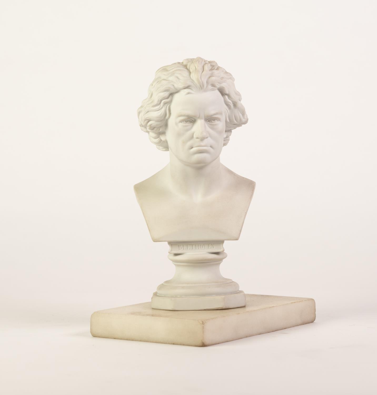 A LATE NINETEENTH CENTURY CONTINENTAL BISCUIT PORCELAIN BUST OF BEETHOVEN, impressed numerals