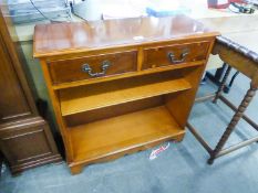 A YEW WOOD SMALL OPEN BOOKCASE WITH TWO SHORT DRAWERS ABOVE, ON BRACKET FEET, 2?6? WIDE, 2?4? HIGH