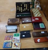 HARDWOOD PLAYING CARDS BOX, THE HINGED LID INLAID WITH BRASS WITH THE WORD 'BRIDGE'; A MIDDLE