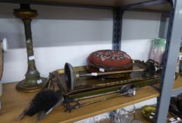 A LATE VICTORIAN TUNBRIDGE BANDED FOOTSTOOL, A PLATED METAL HEARTH COMPANION SET, A BRASS TOASTING