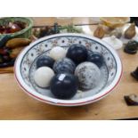 8 MARBLE BALLS, VARIOUS COLOURS UPTO 3 3/4" diameter (9.5cm) IN A VICTORIAN POTTERY WASH BOWL, 15