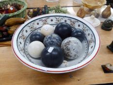 8 MARBLE BALLS, VARIOUS COLOURS UPTO 3 3/4" diameter (9.5cm) IN A VICTORIAN POTTERY WASH BOWL, 15